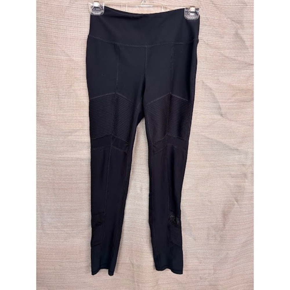 Central Park Sport Women Black Moto Leggings Mesh Ribbed Athletic Pants Small - Picture 1 of 5